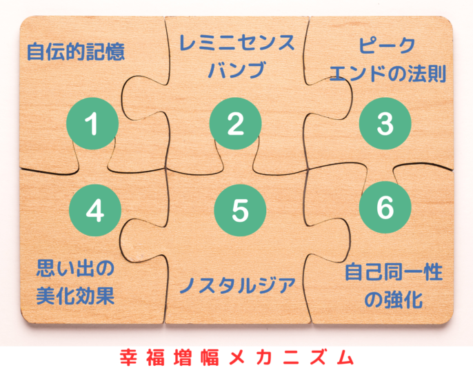 「経験記憶に基づく幸福増幅メカニズム」、略して「幸福増幅メカニズム」と呼びます。自伝的記憶、レミニセンス・バンプ、ピークエンドの法則、思い出の美化効果、ノスタルジア、自己同一性の強化に至る一連のプロセスです。