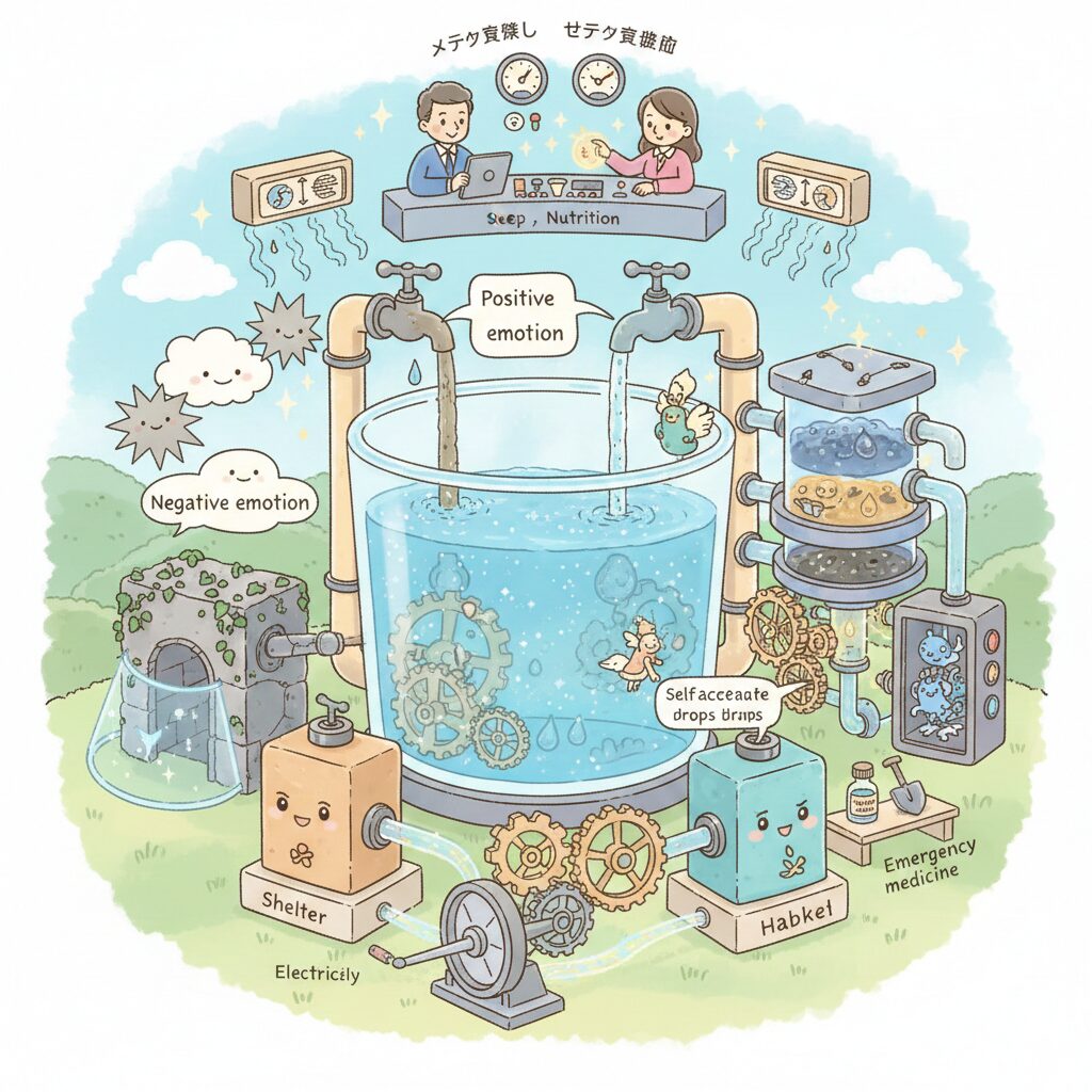 幸福は探すものではなく、自ら築くもの。「KOKOROの貯水槽モデル」に基づき、感情の蛇口管理や習慣という電力、メタ認知による統括など、心をシステムとして運用し、恒久的な安定を手に入れるための具体的な設計図を、心理学・脳科学の視点から解説します。